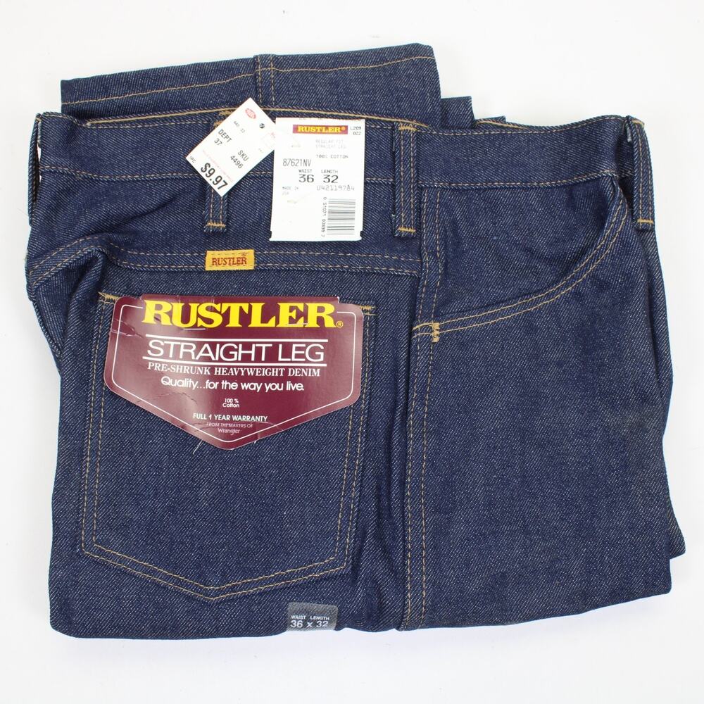 Vintage Rustler Prewashed Denim Blue Jeans By Wrangler USA 36x32